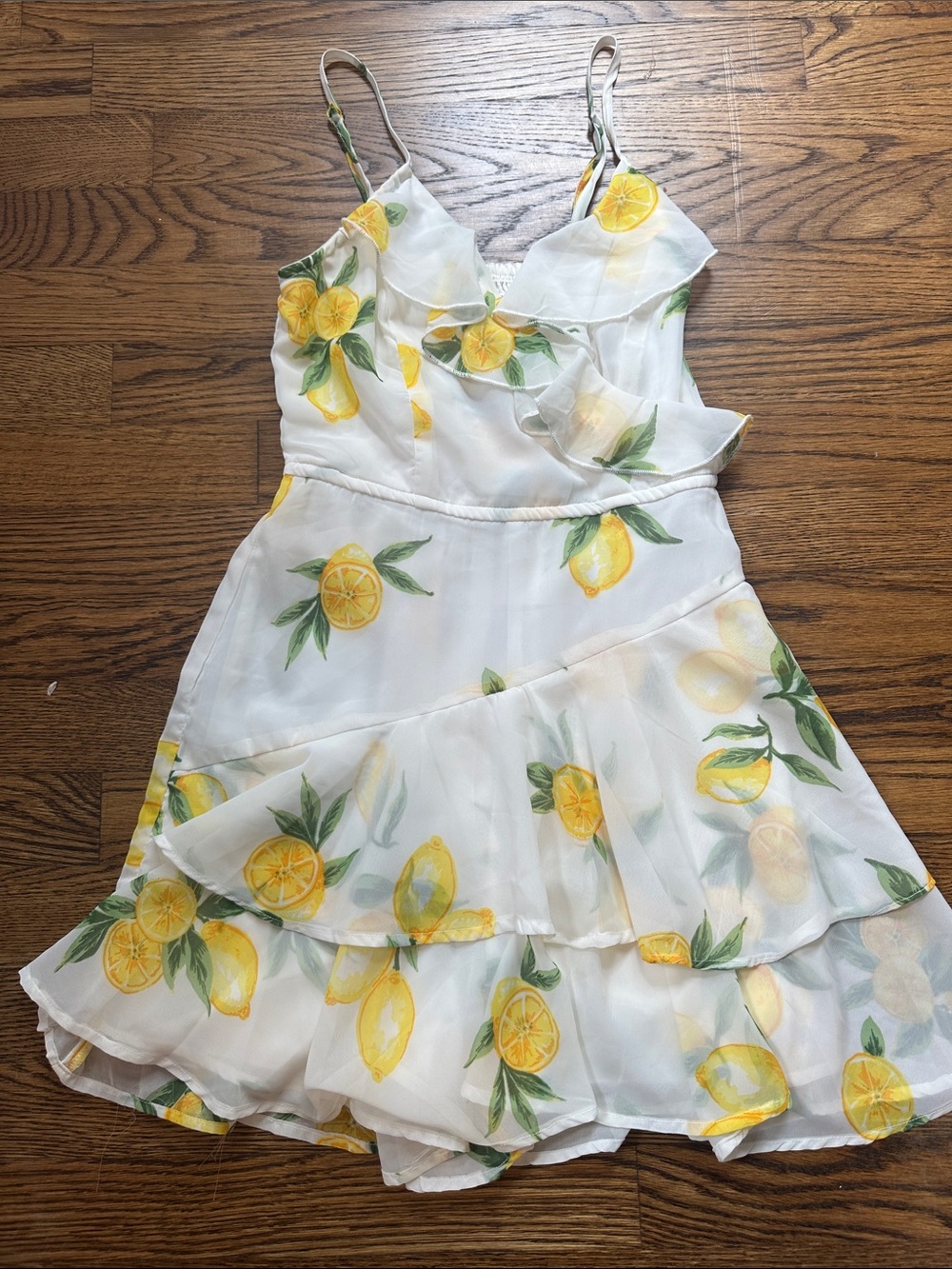 White Lemon Print Ruffled Spaghetti Strap dress-like romper
Note: hardly worn